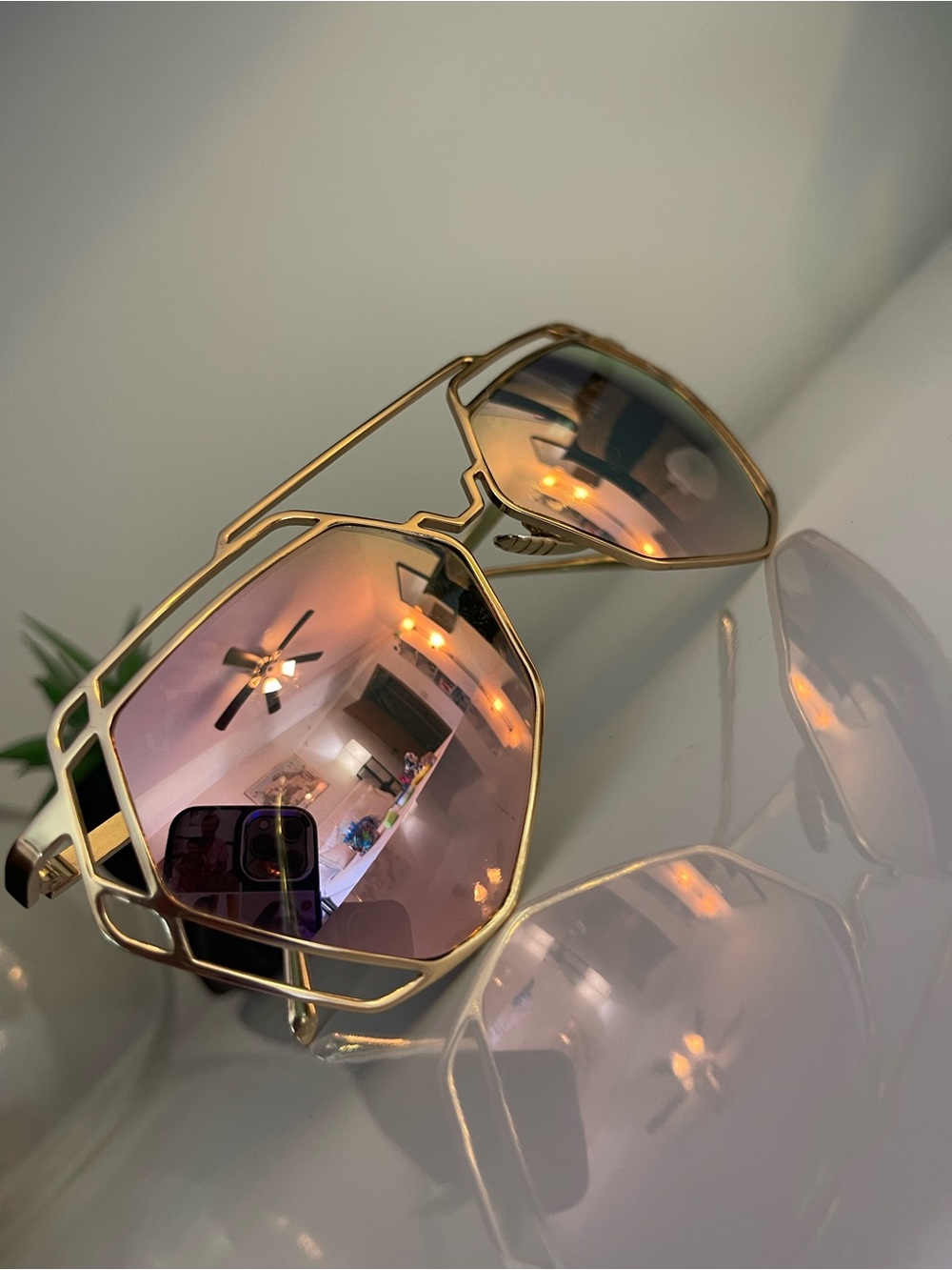 Geometric Gold-Frame Sunglasses with Pink Mirrored Lenses
